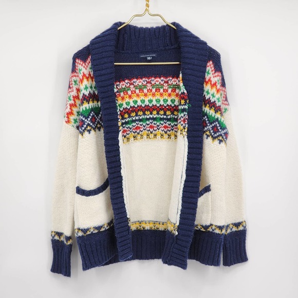 American Eagle Fair Isle Cardigan Chunky Knit Medium Cream Navy Pockets XS - Picture 2 of 10